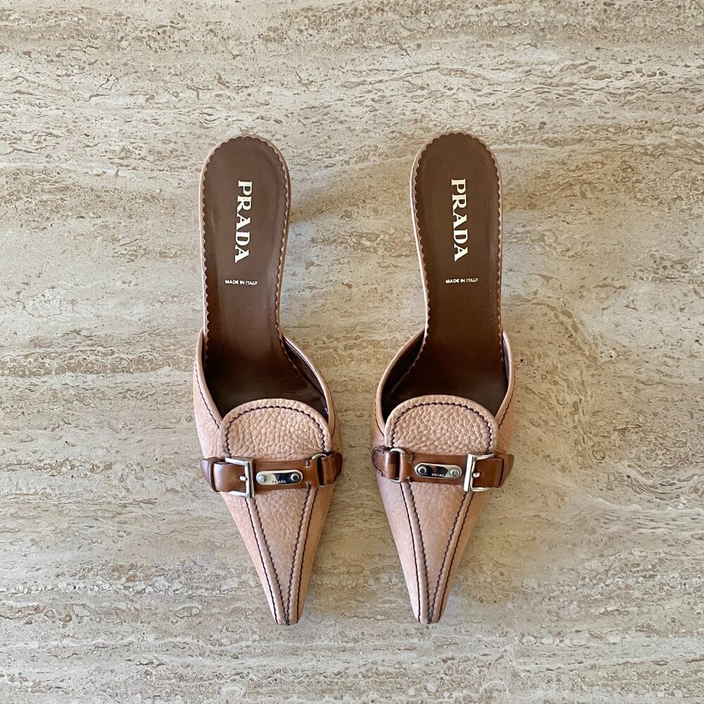 Vintage Prada Silver Logo Buckle Kitten Heel Mules